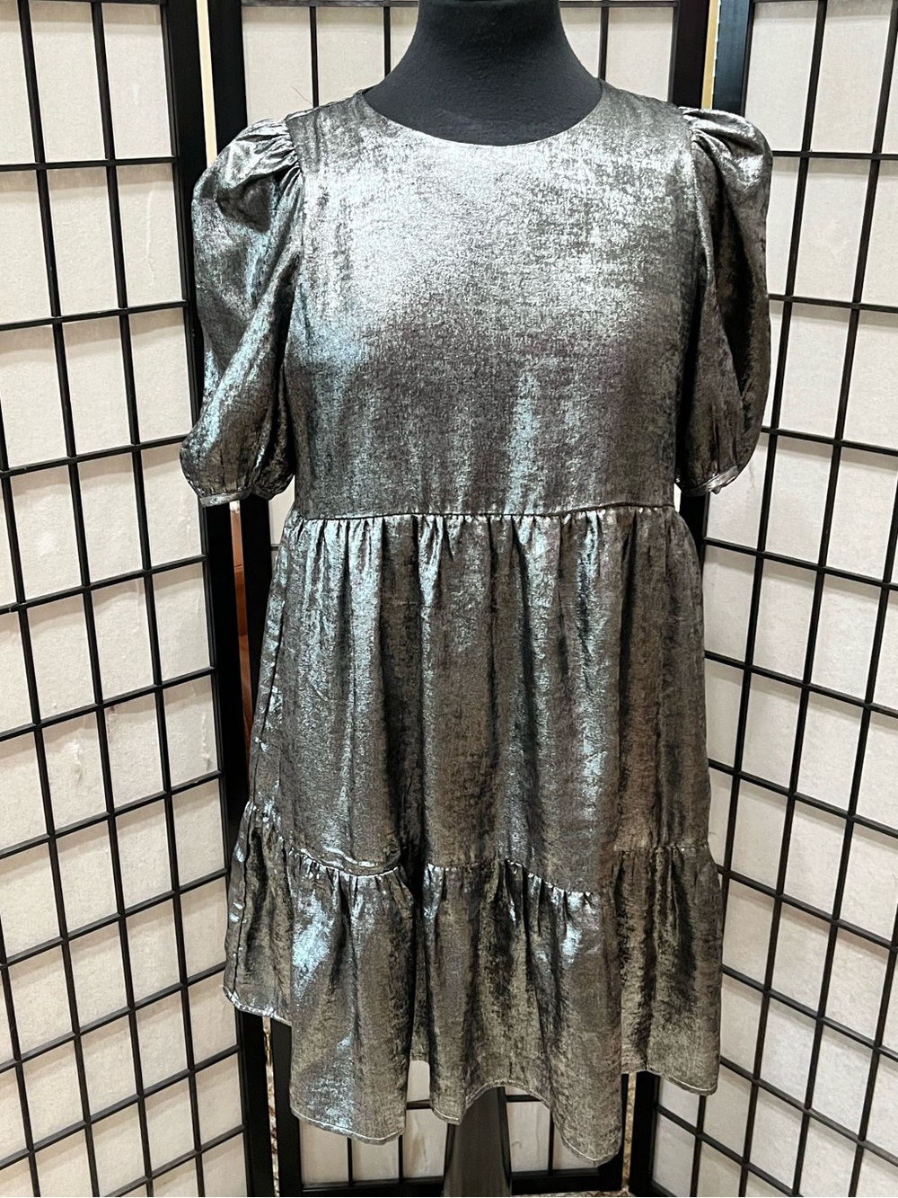 TCEC Metallic Silver Puff-Sleeve Tiered Dress women SIZE M